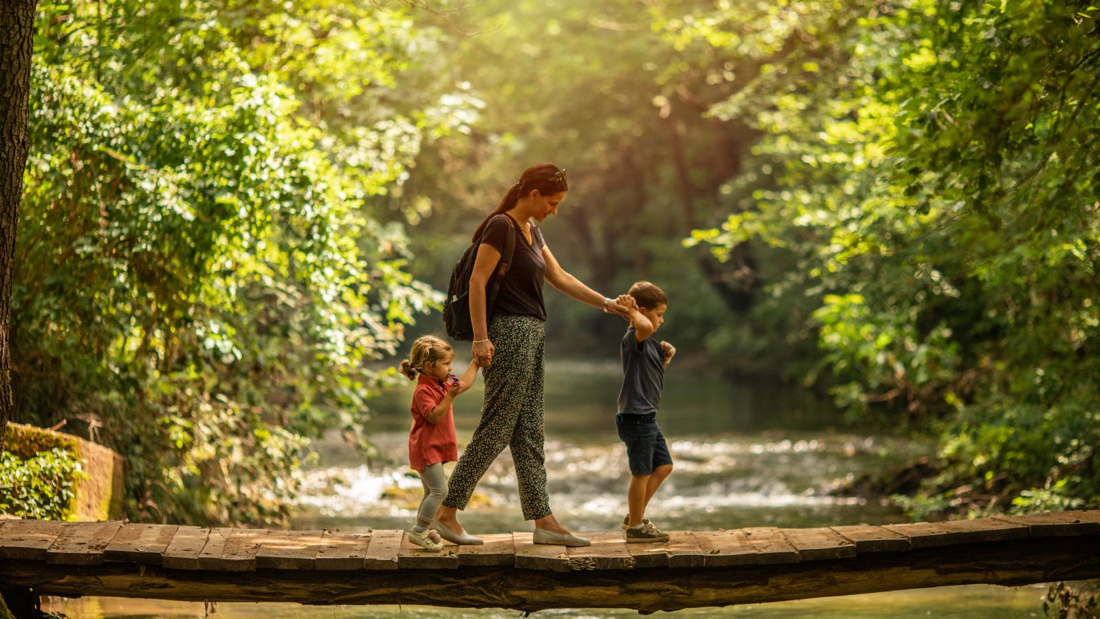 Family crossing footpath bridge in forest