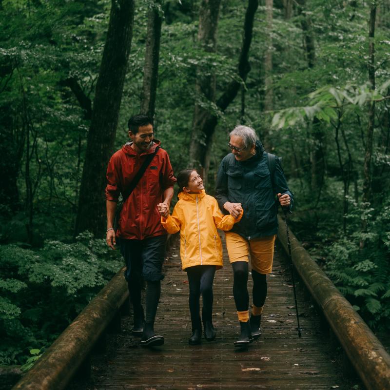 A family dressed in rain jackets walking through a green forest