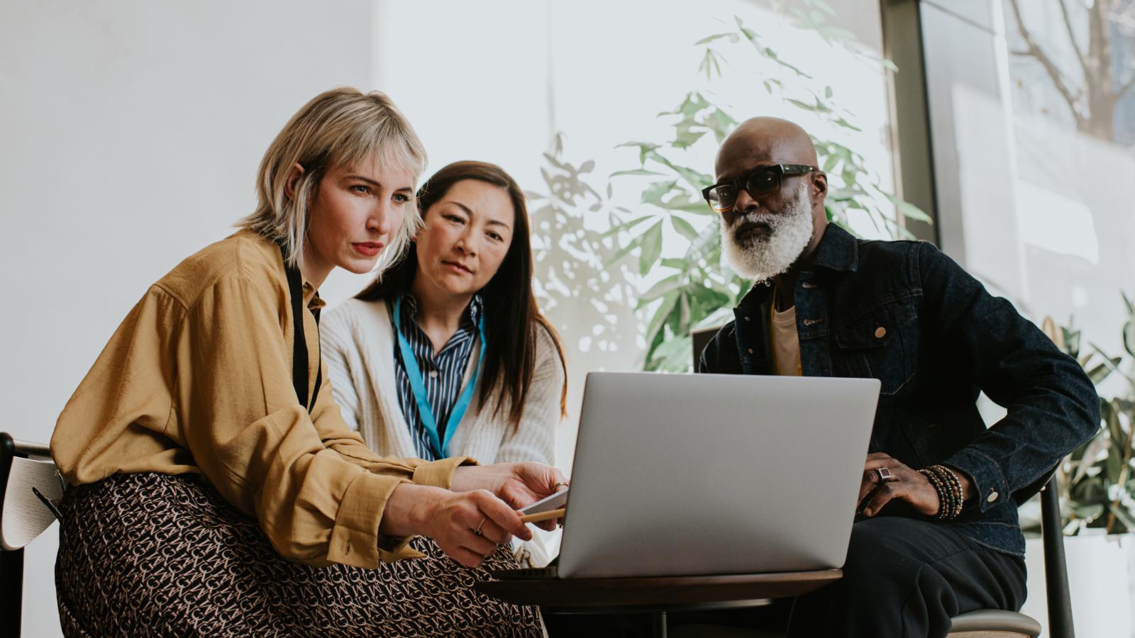 Three employees meeting in an office and viewing a laptop