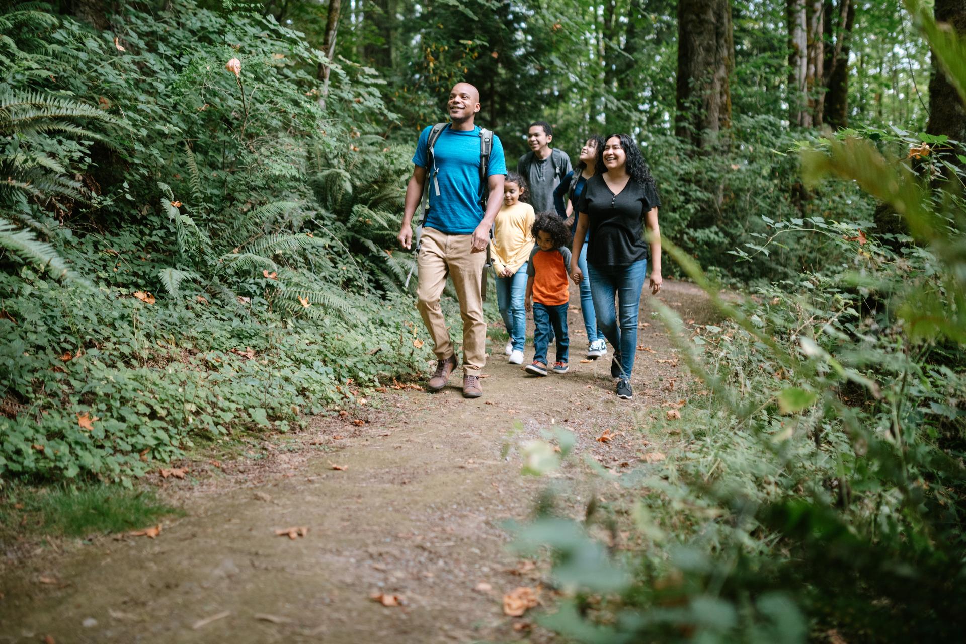 Family walking along a trail with trees around them.
