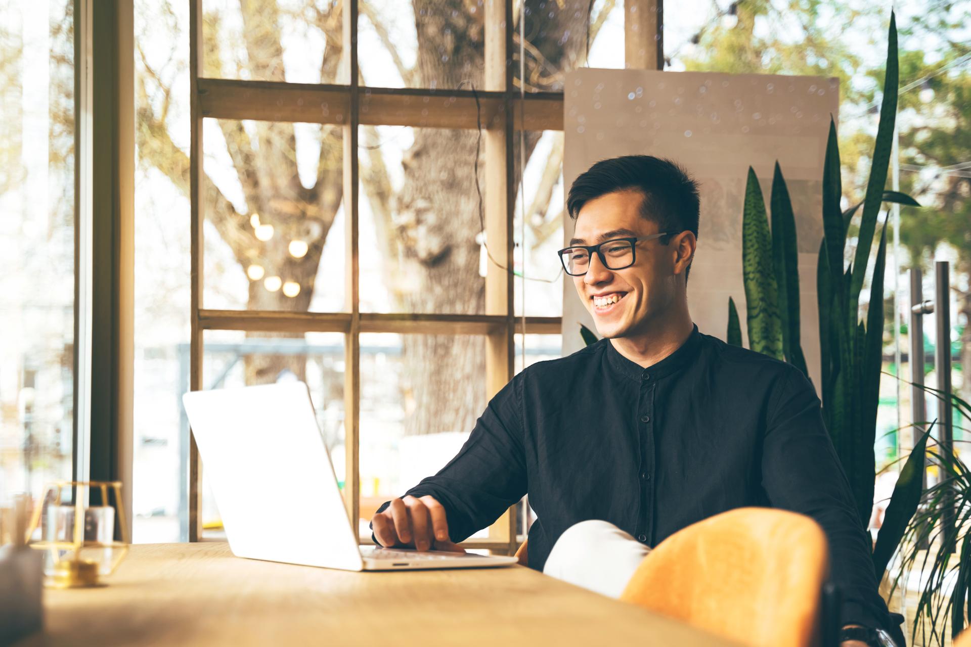 Entrepreneur is doing a video call conference at a public office