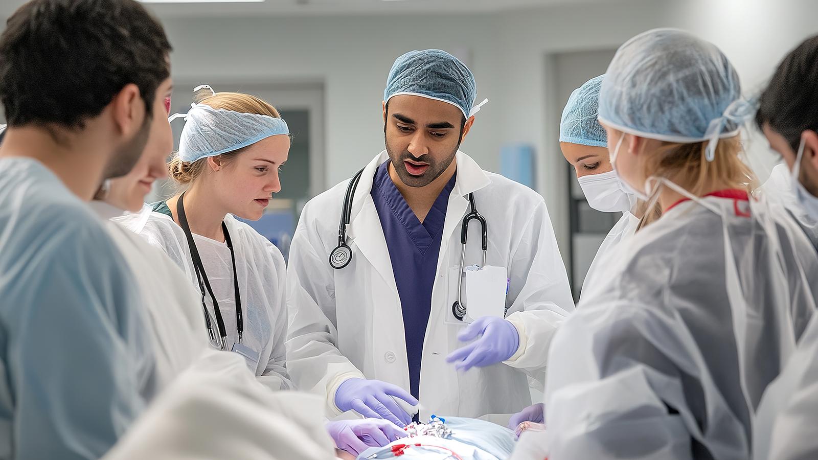 Surgical doctor guiding residents through a complex procedure