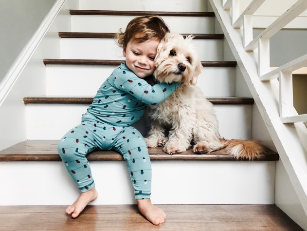 Toddler in blue pajamas sits at on stairs, cuddling his small white dog